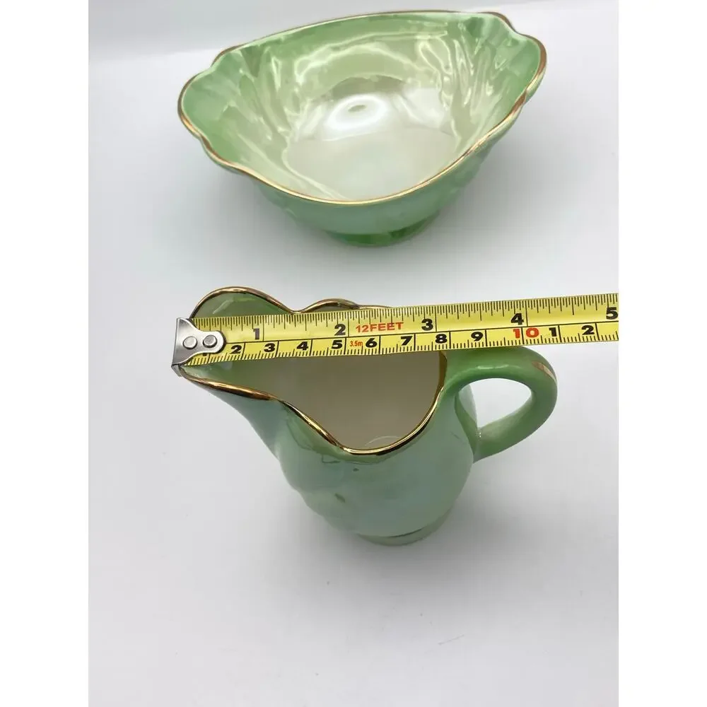 Vintage Maling Pottery Green Lusterware Gold Rim Cream Jug & Sugar Bowl Set